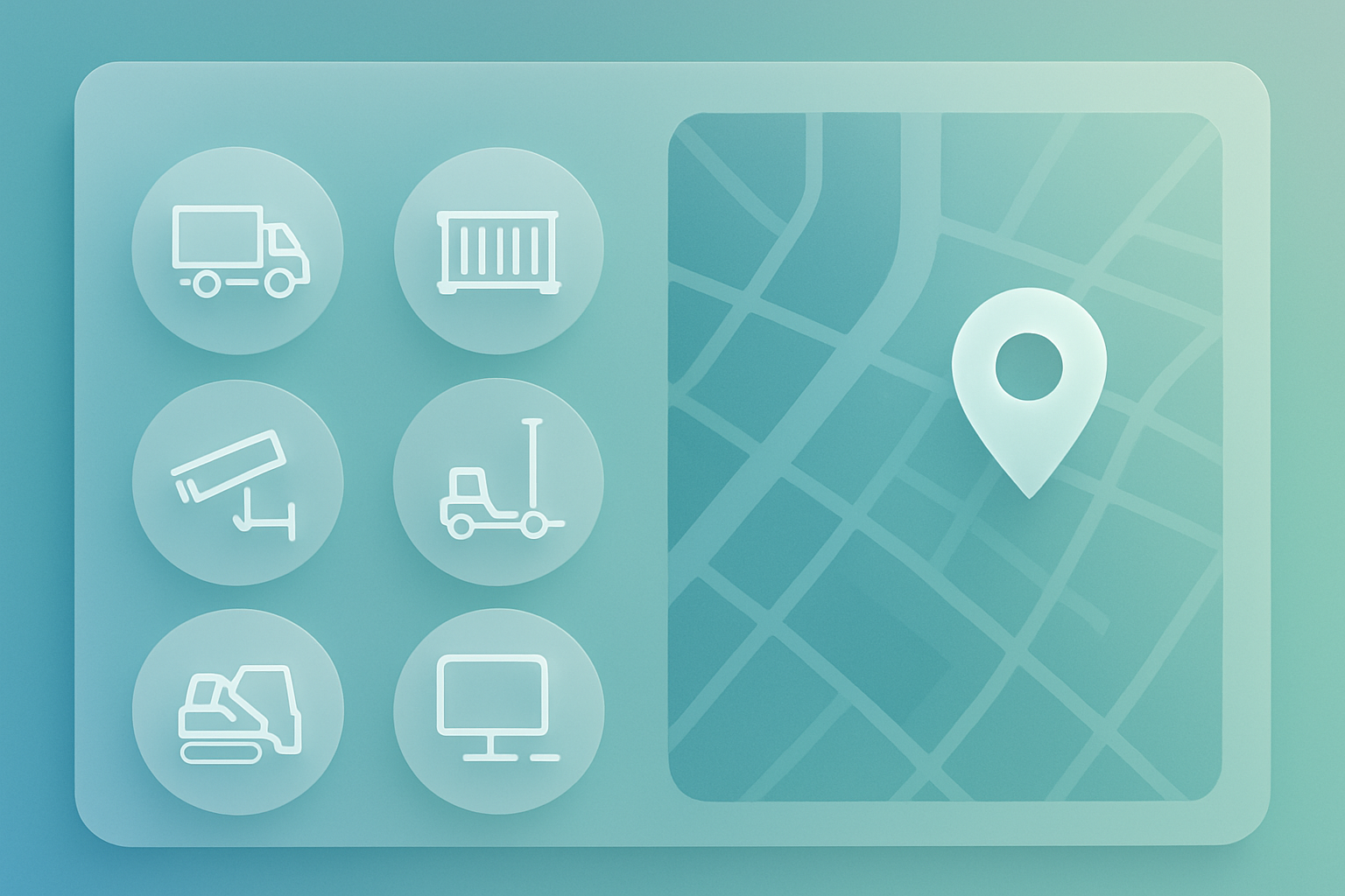 A visual representation of asset tracking technology with equipment icons and a digital map.
