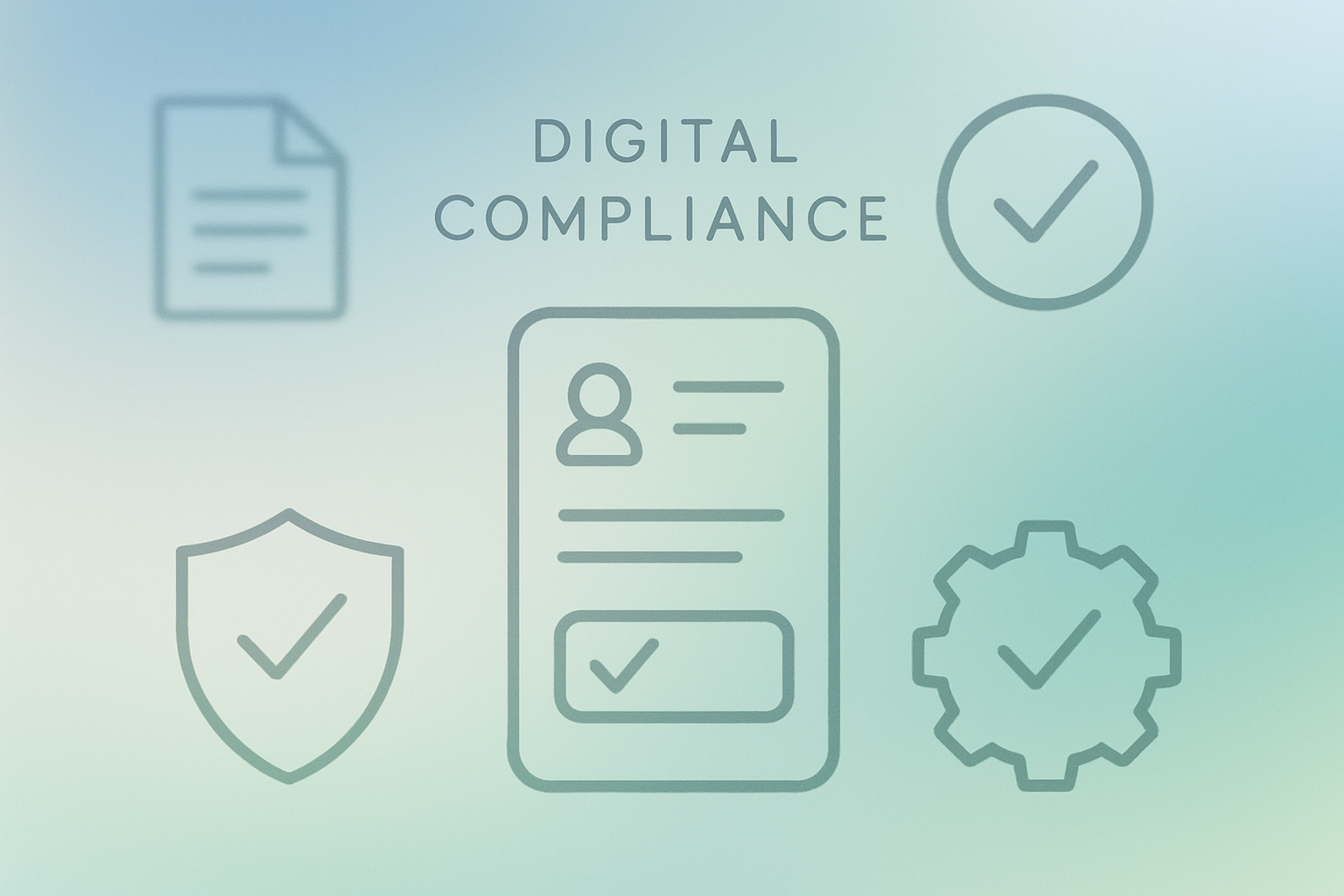 Abstract digital compliance symbols with a soft gradient background.