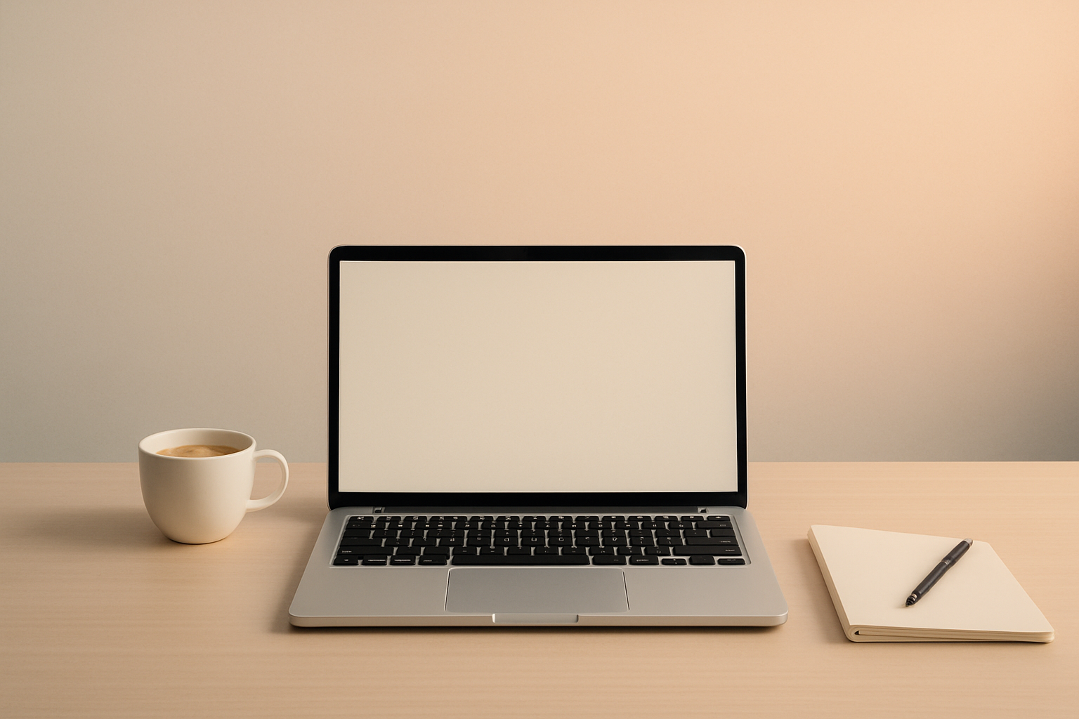 Modern workspace with laptop, notepad, and coffee cup