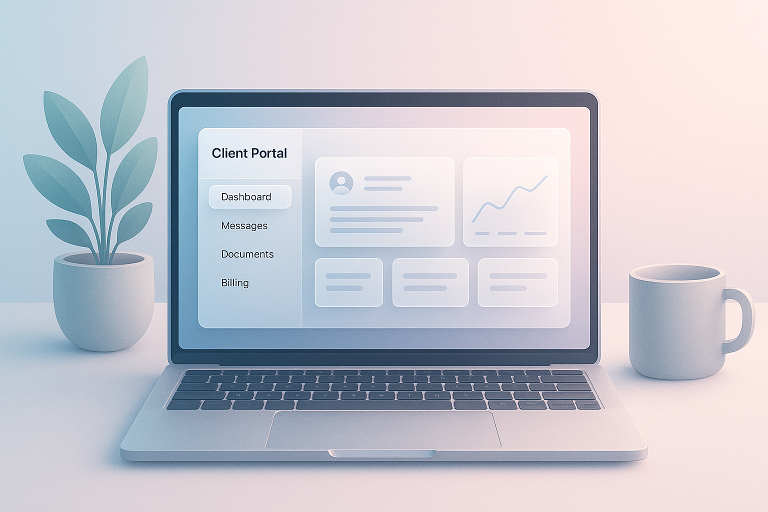 A laptop showing a client portal interface in a modern workspace.