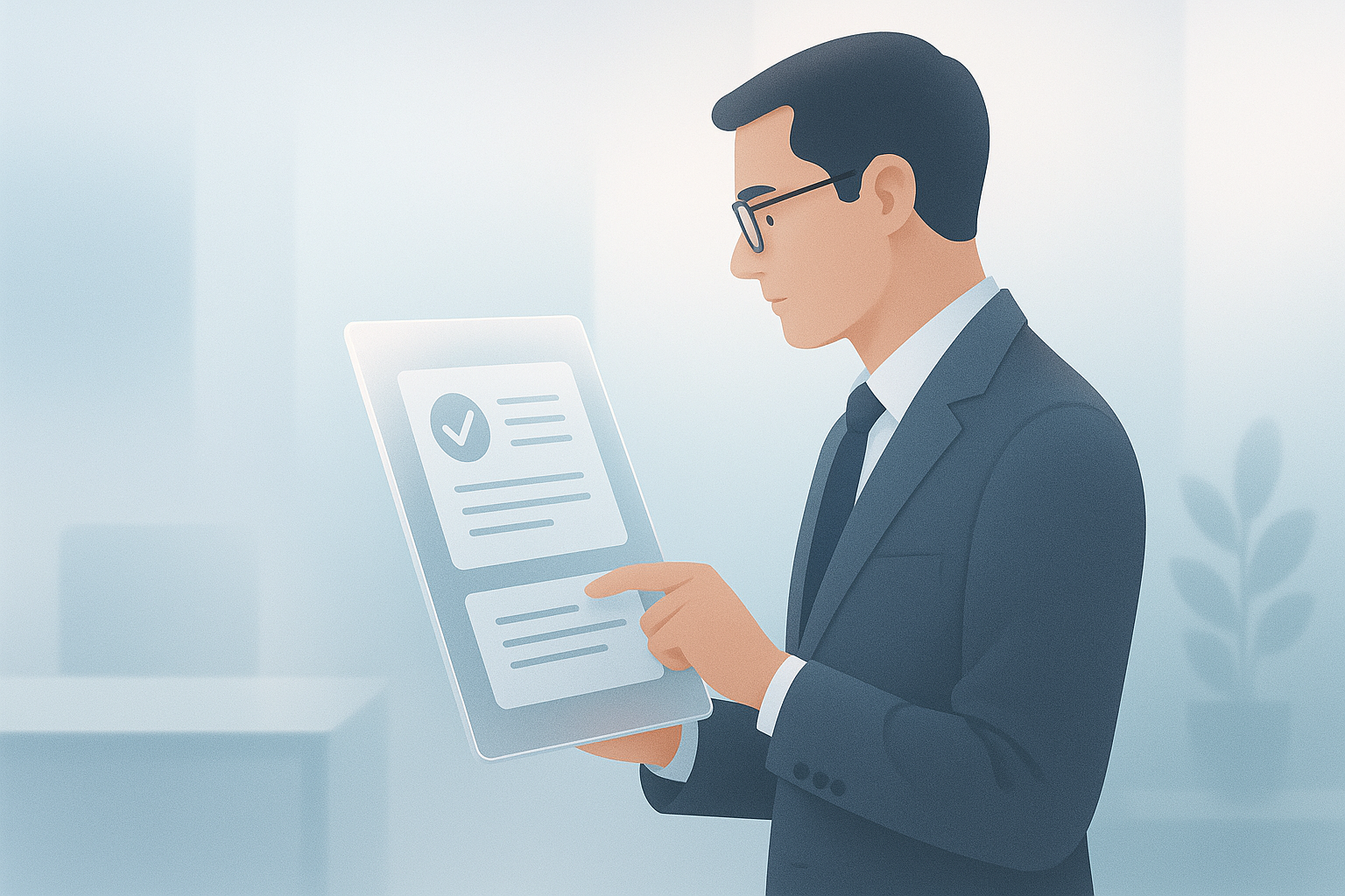 Professional inspecting documents on a tablet in an office.