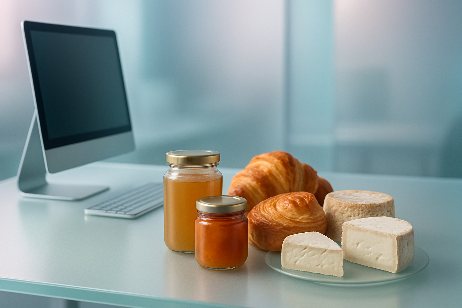 Elegant workspace with artisanal food products in a frosted-glass aesthetic