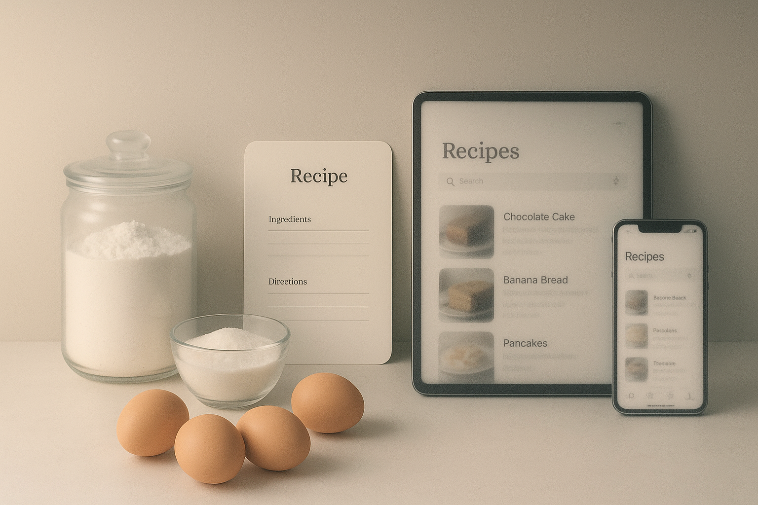 Minimalist bakery workspace showcasing baking ingredients and digital app interface.