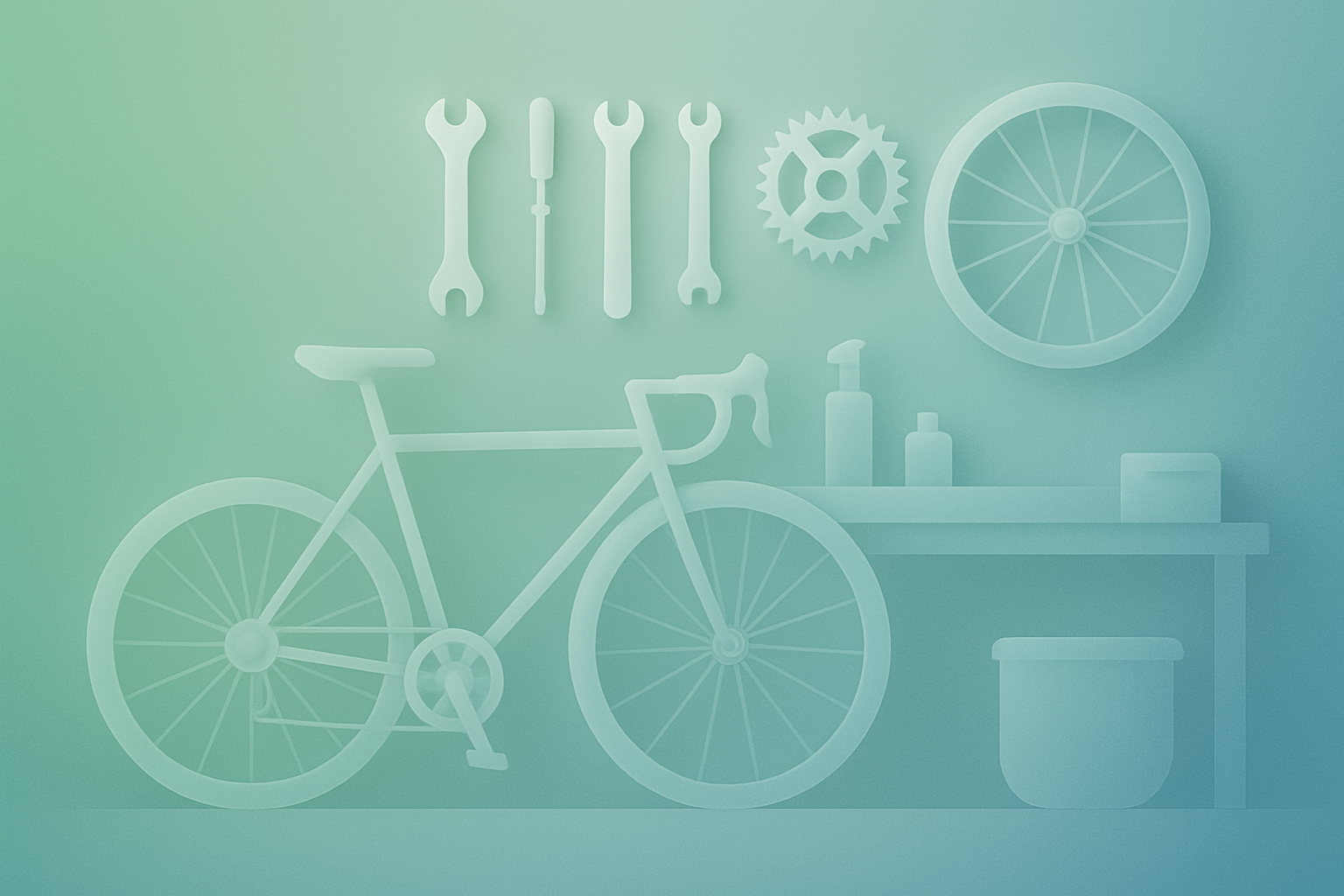 Elegant bike repair workspace with tools and bike parts.