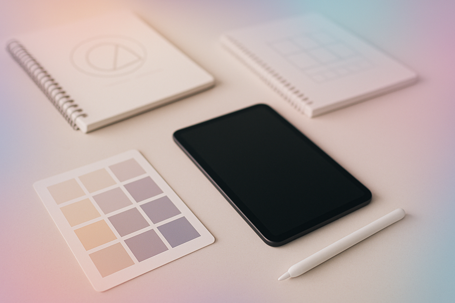 A creative workspace with sketchbooks and color swatches.