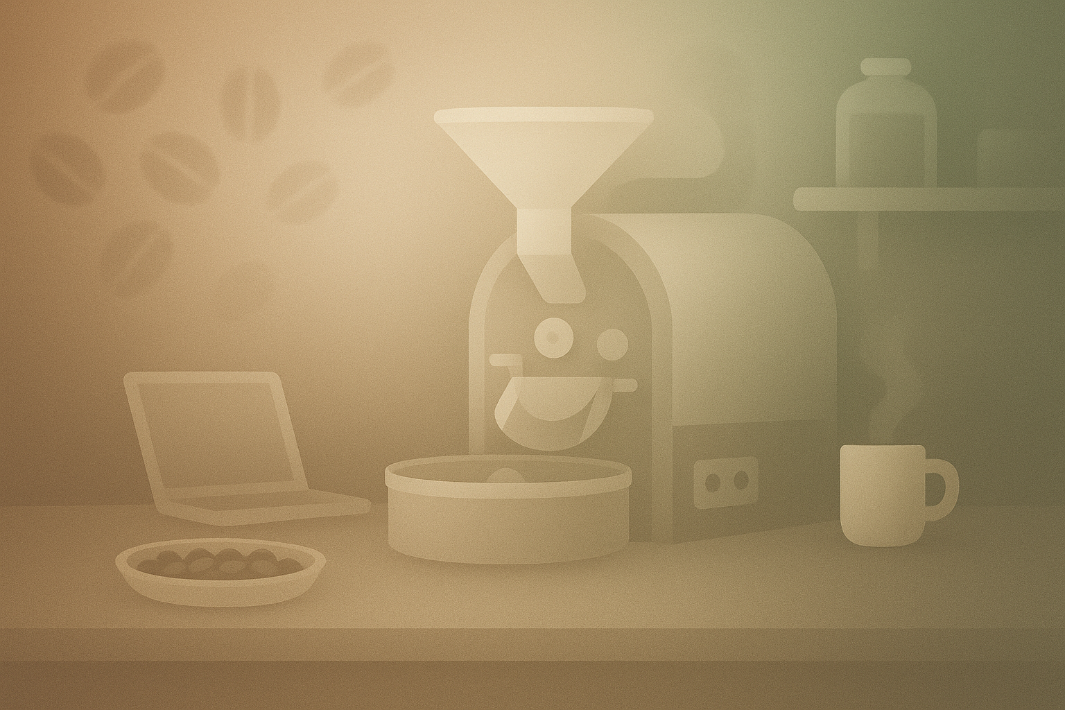 Hero image of a coffee roasting workspace with a frosted-glass aesthetic.