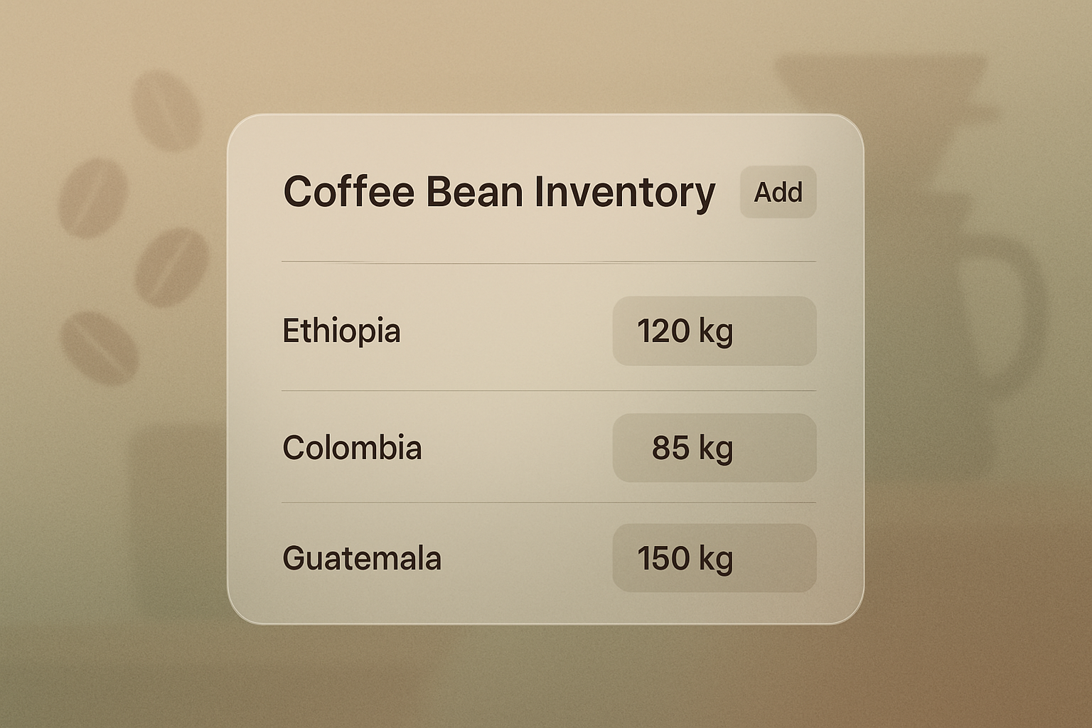 Minimalist interface for coffee inventory management app