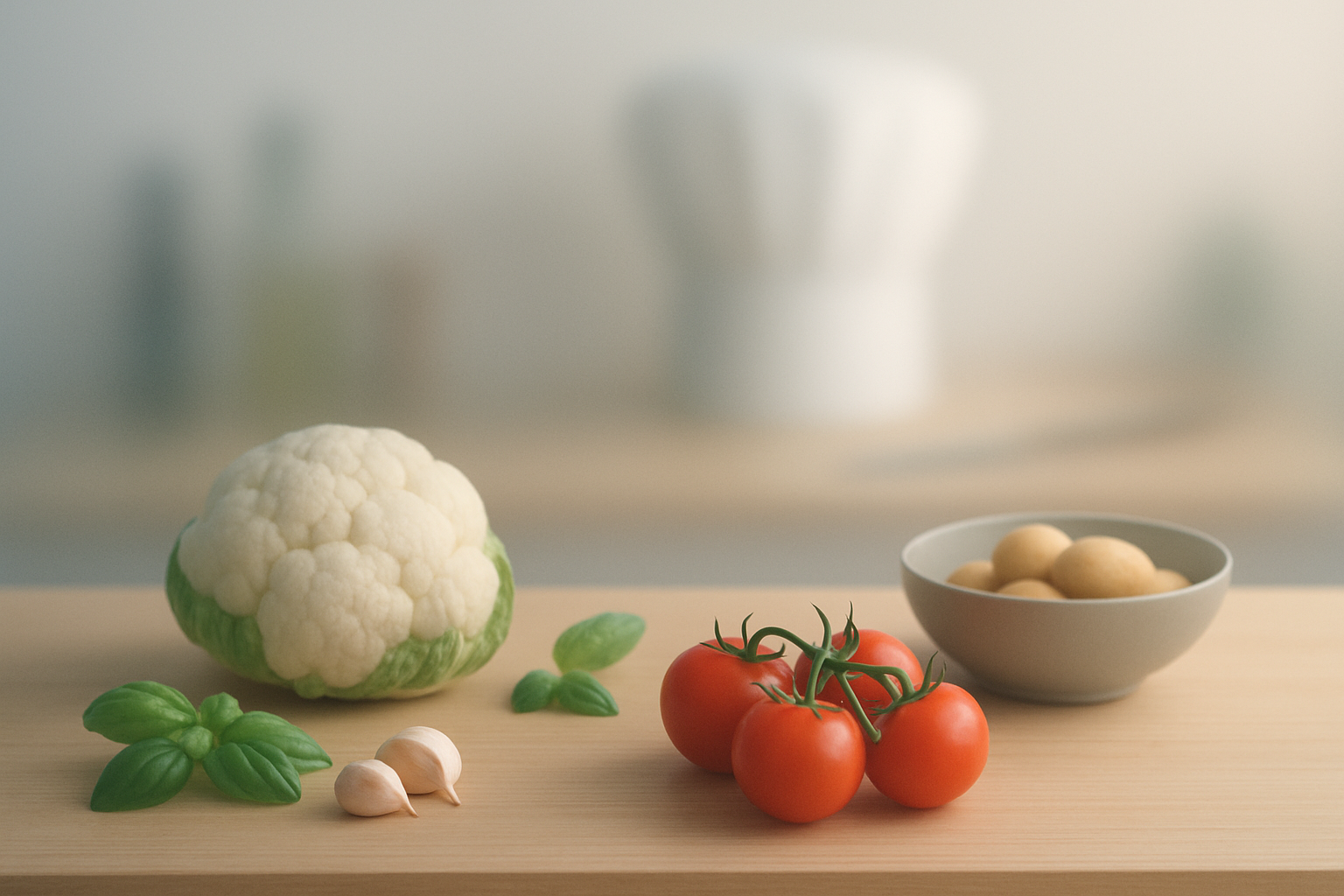 Elegant chef workspace with fresh ingredients and soft kitchen tools.