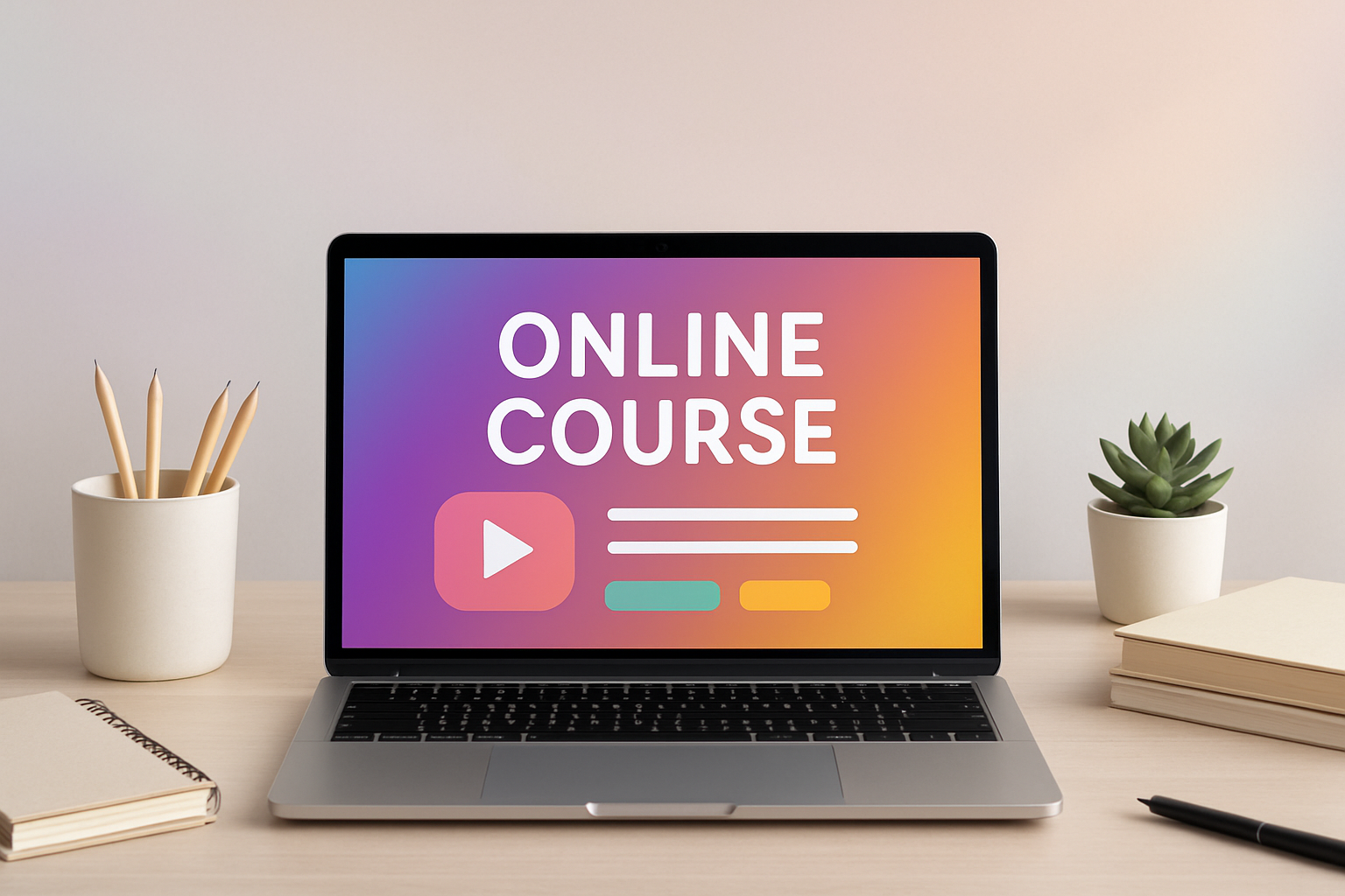 A minimalistic workspace with a laptop showcasing an online course interface.