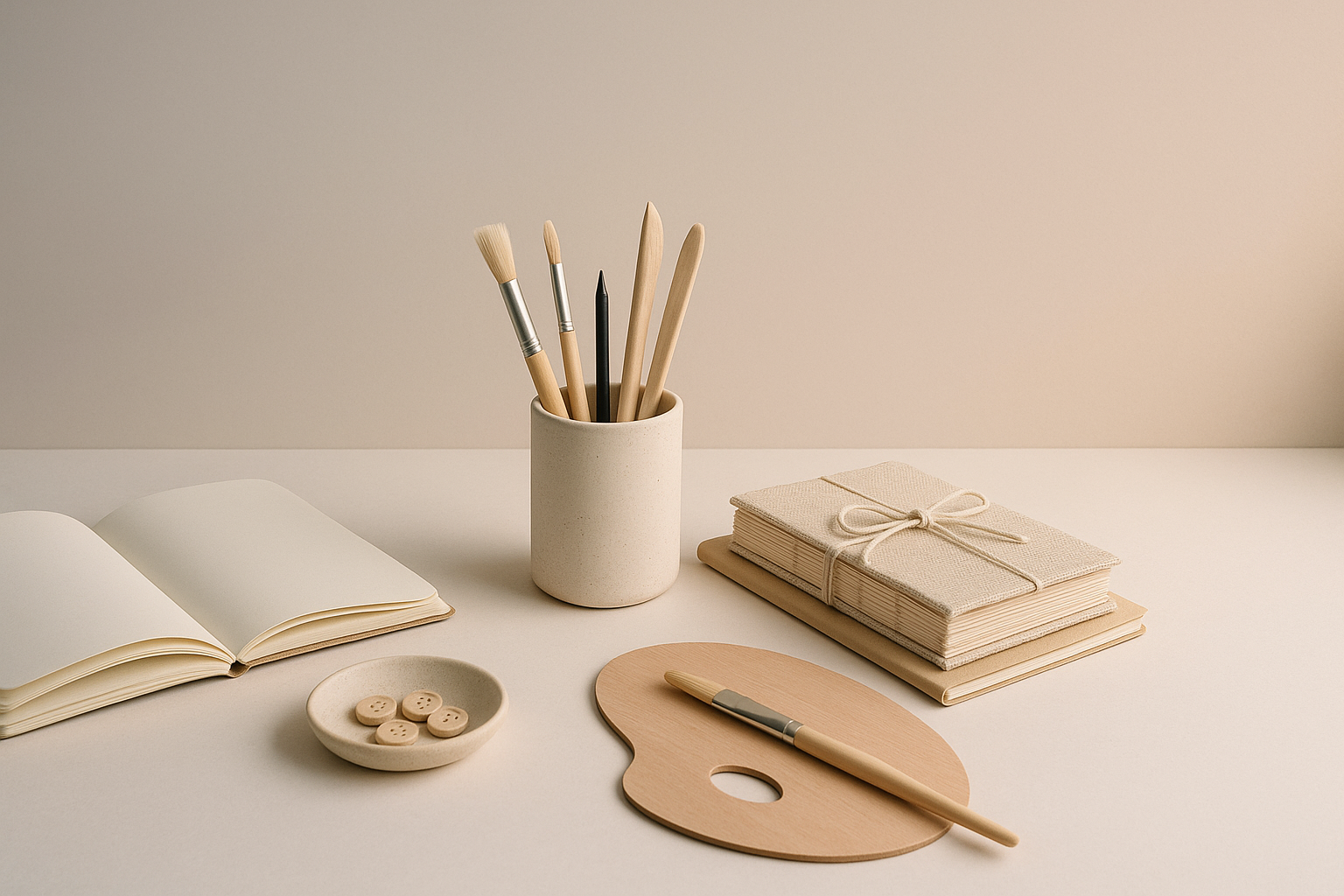 Minimalist workspace featuring craft supplies and handmade items.