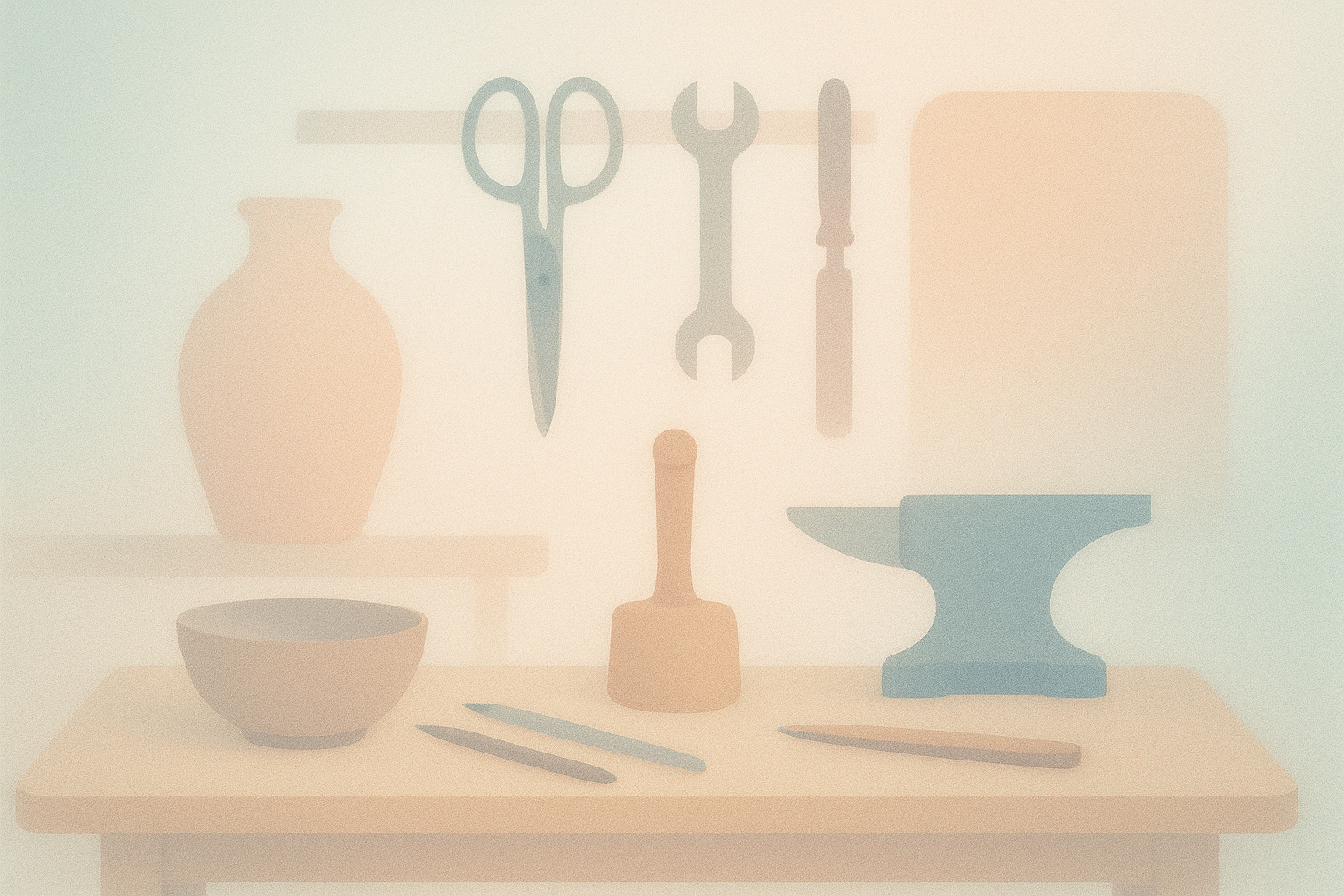 Artisan workshop setting with tools and soft colors.