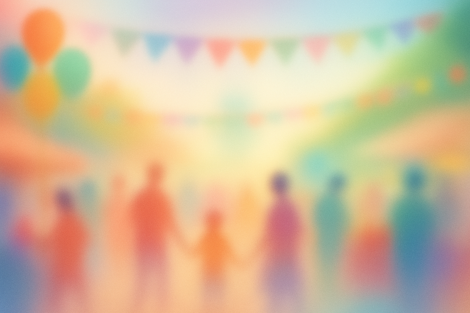A vibrant community event scene with balloons and decorations.