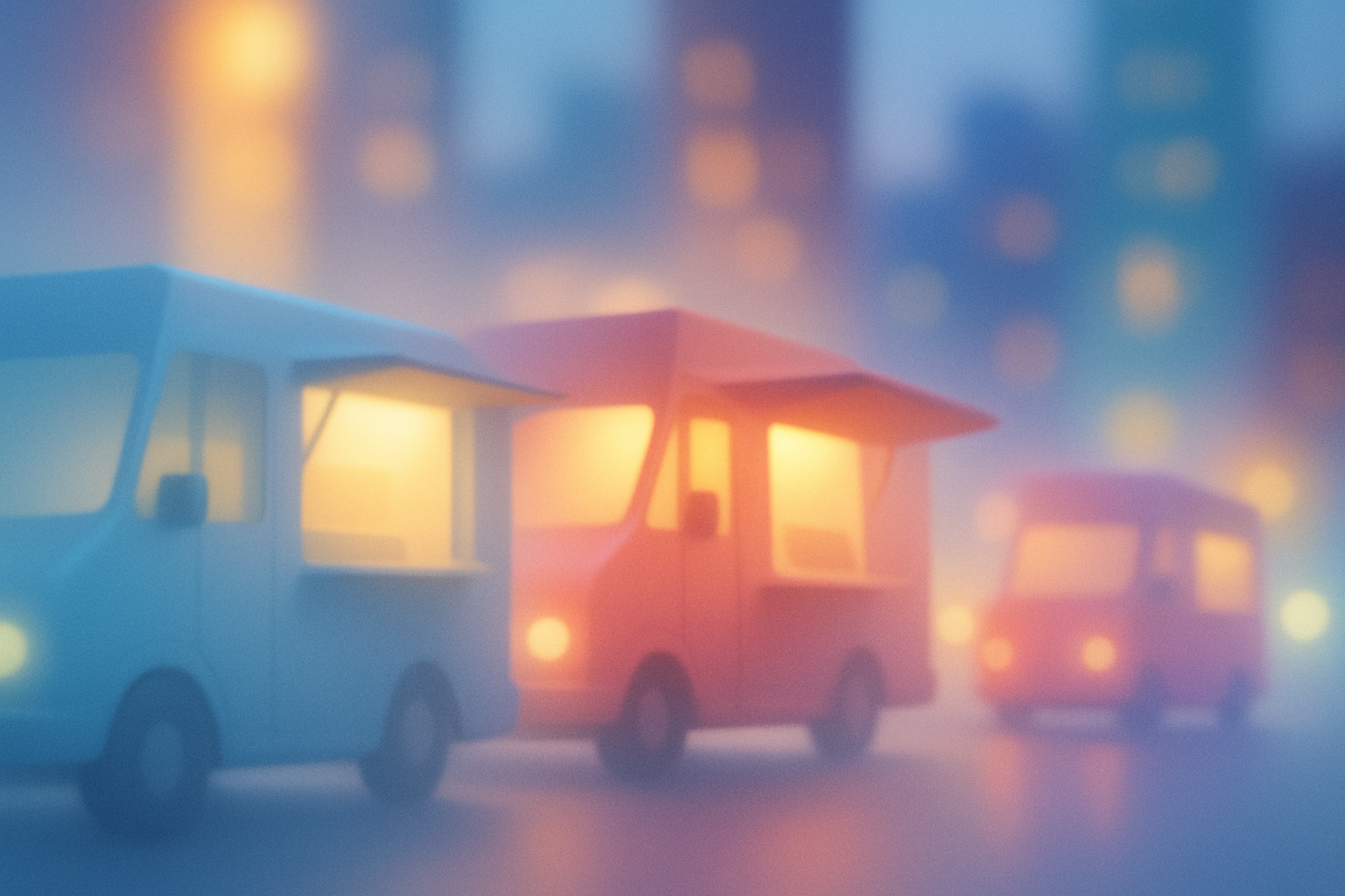Stylized food trucks parked in a city setting, suggesting food vendor operations.
