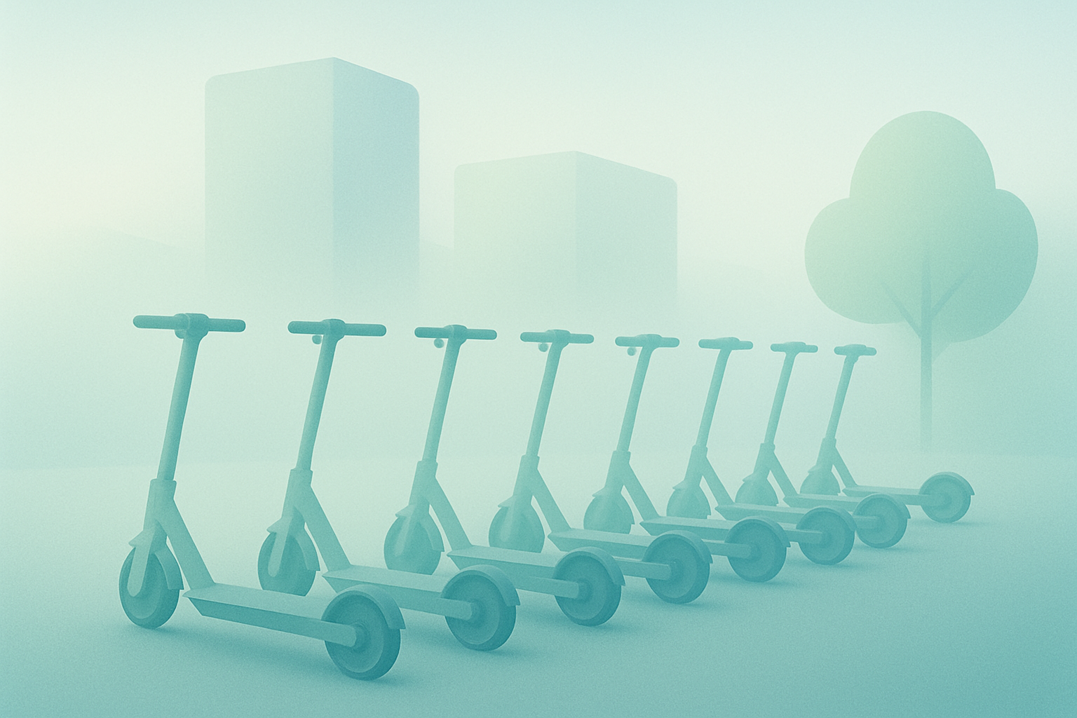 A visually organized fleet of electric scooters in an urban setting, representing efficient rental management.