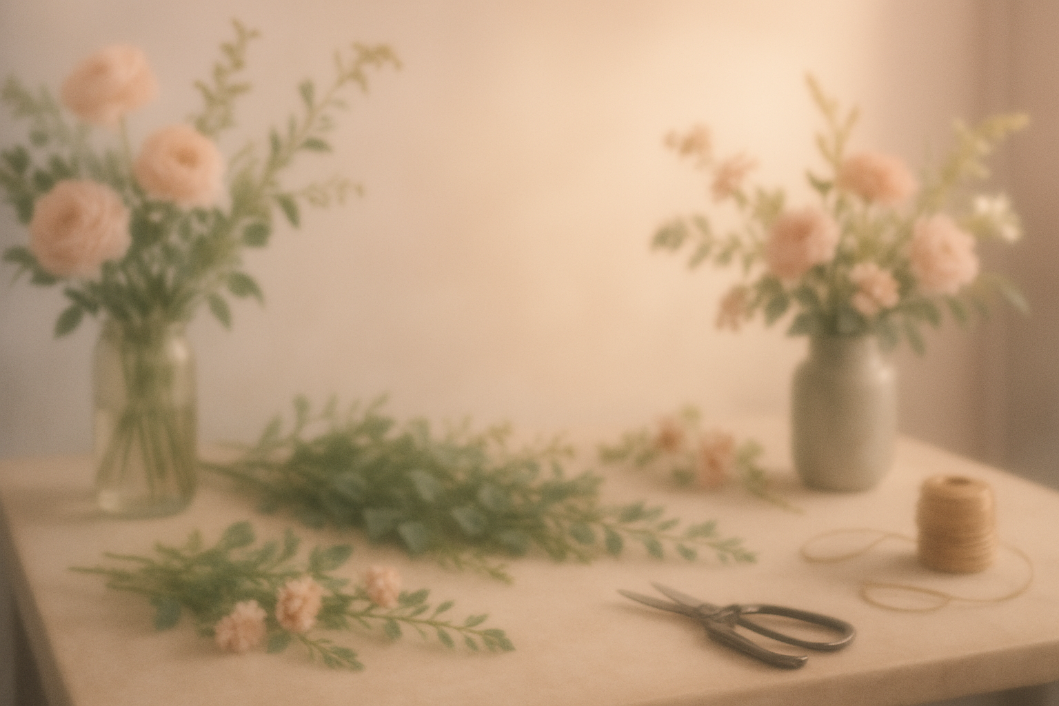 Minimalistic floral design workspace with soft focus and elegant colors