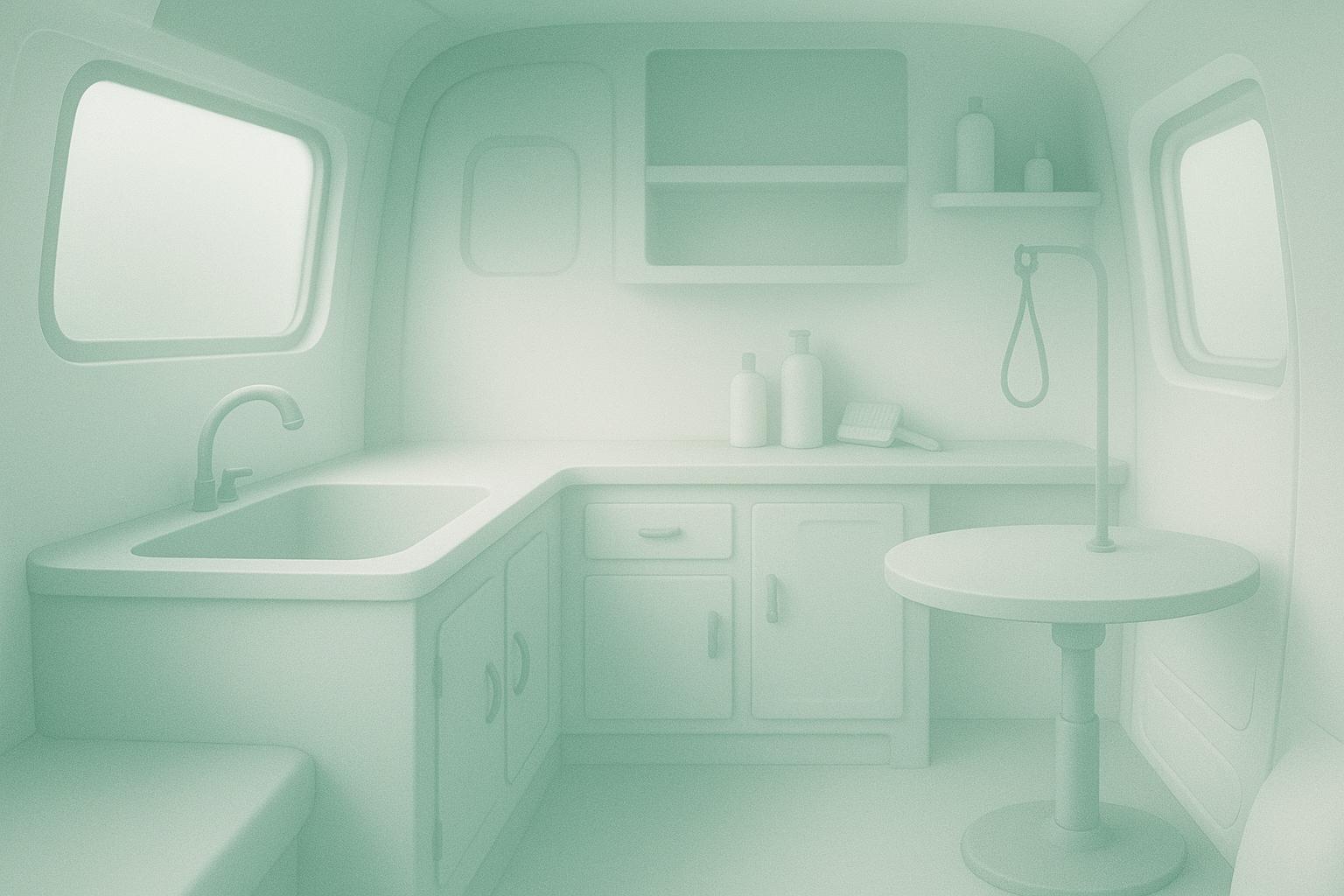 Interior view of a mobile pet grooming setup with elegant design.