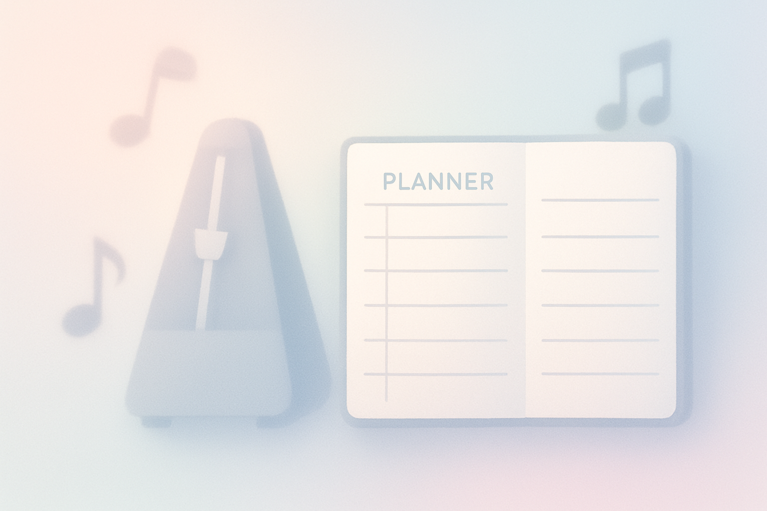 Abstract representation of music planning with notes and a planner.