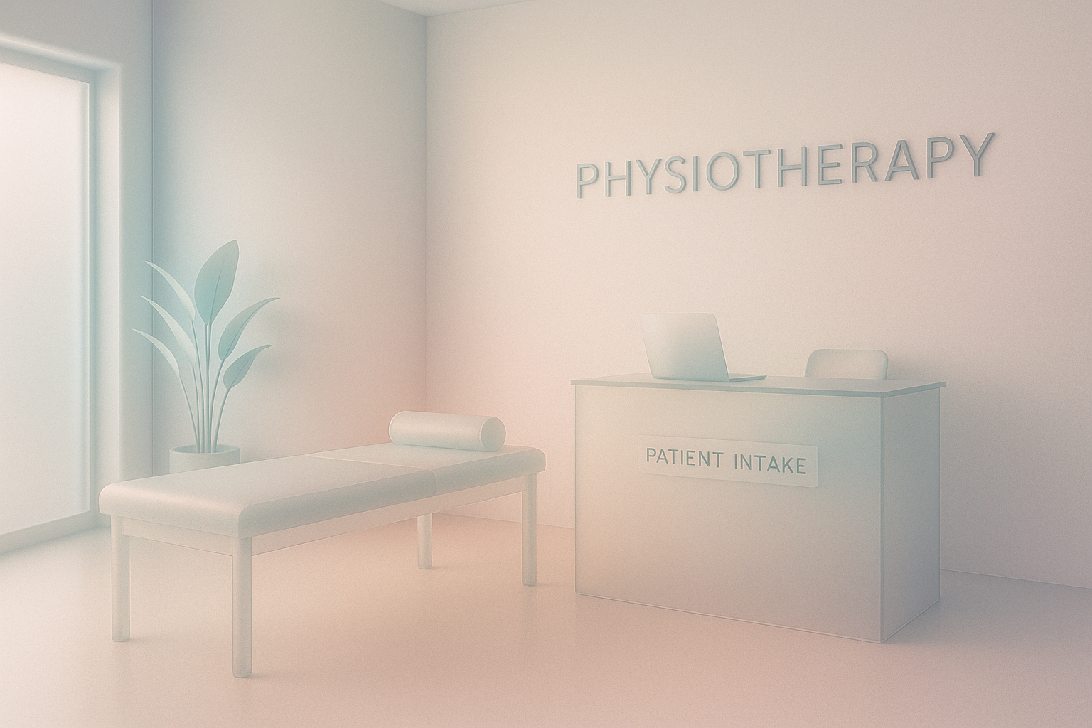 Modern physiotherapy clinic intake area, soft gradients and minimalistic design.