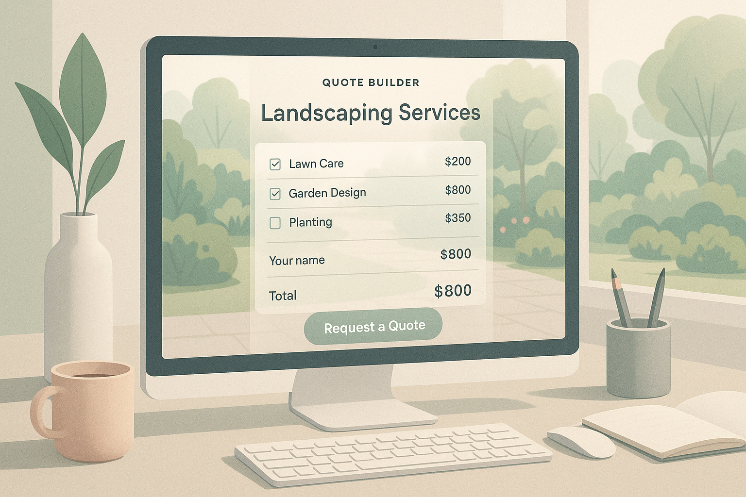 A clean digital workspace for a landscaping quote builder.