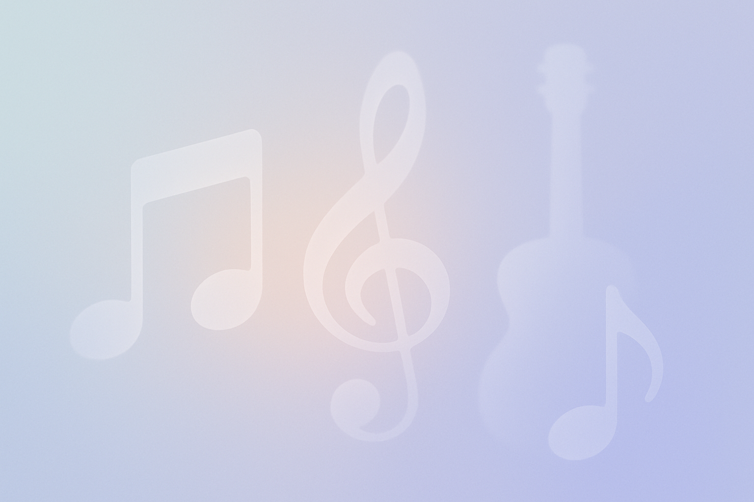 Hero image depicting abstract musical notes and instruments in a frosted glass design.