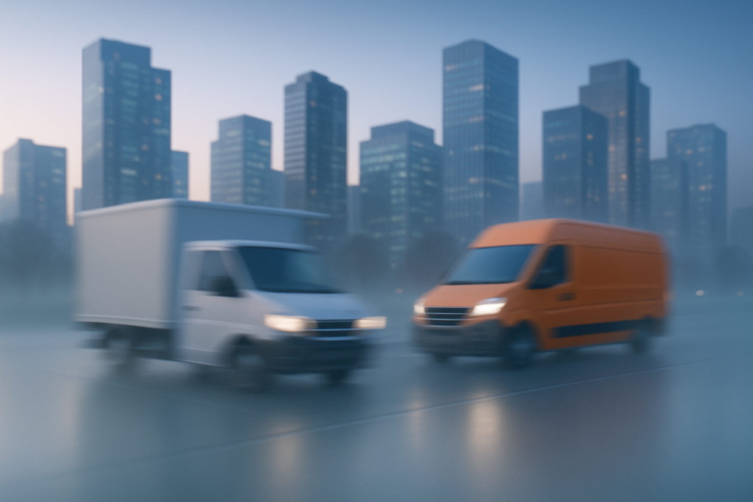 A modern cityscape with motion-blurred delivery vehicles, suggesting efficiency.