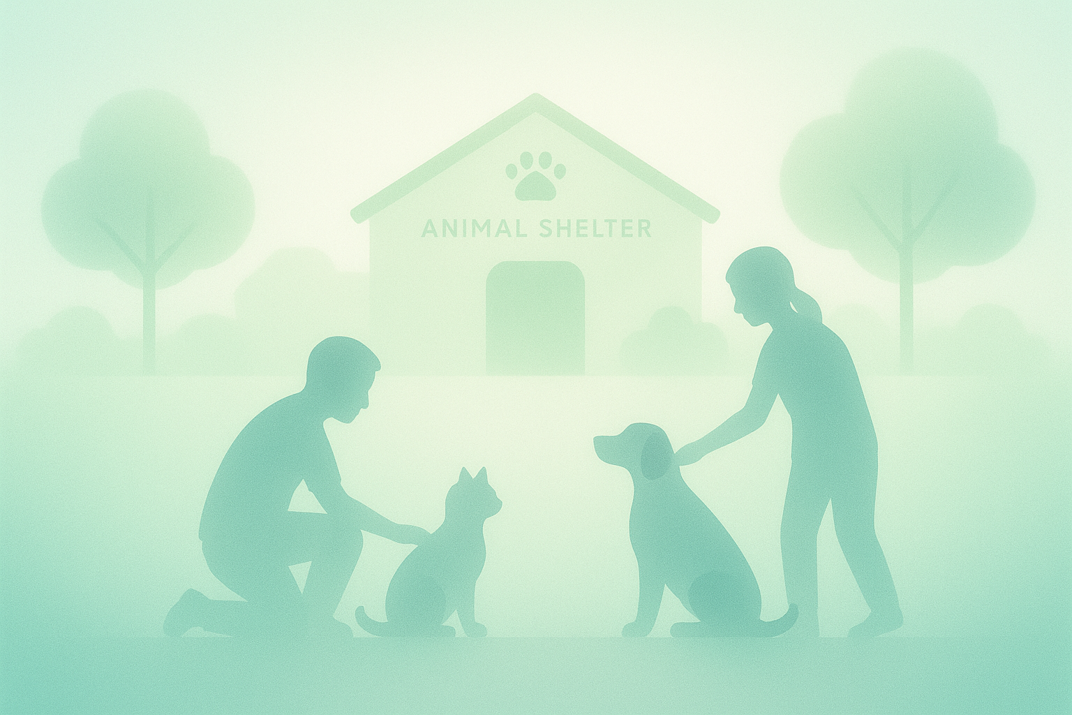 Frosted-glass image depicting an animal shelter environment with soft gradients.