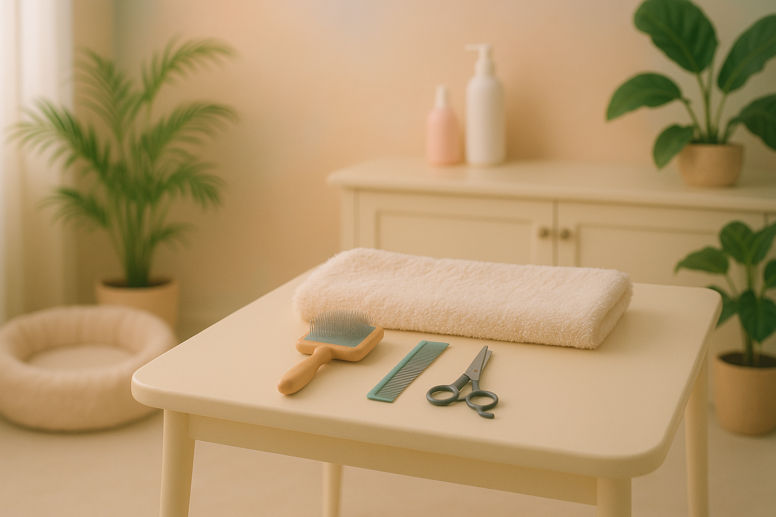 Elegant pet grooming space with soothing colors and tools