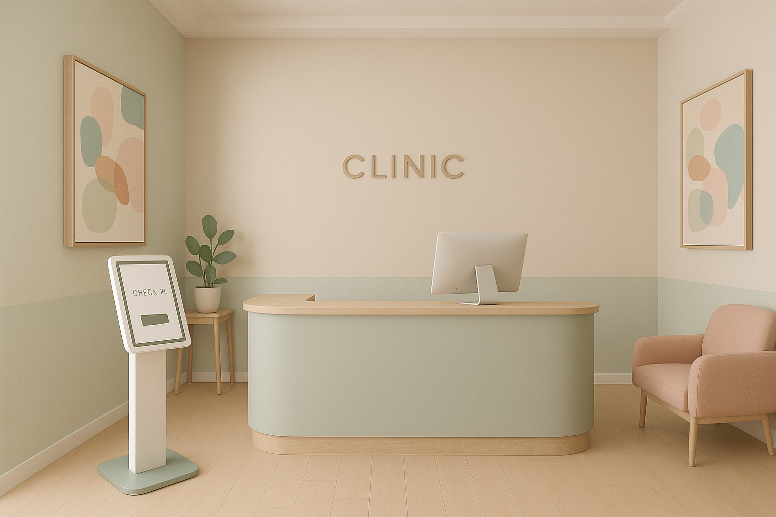 Minimalistic clinic reception area with soft colors and clean design.