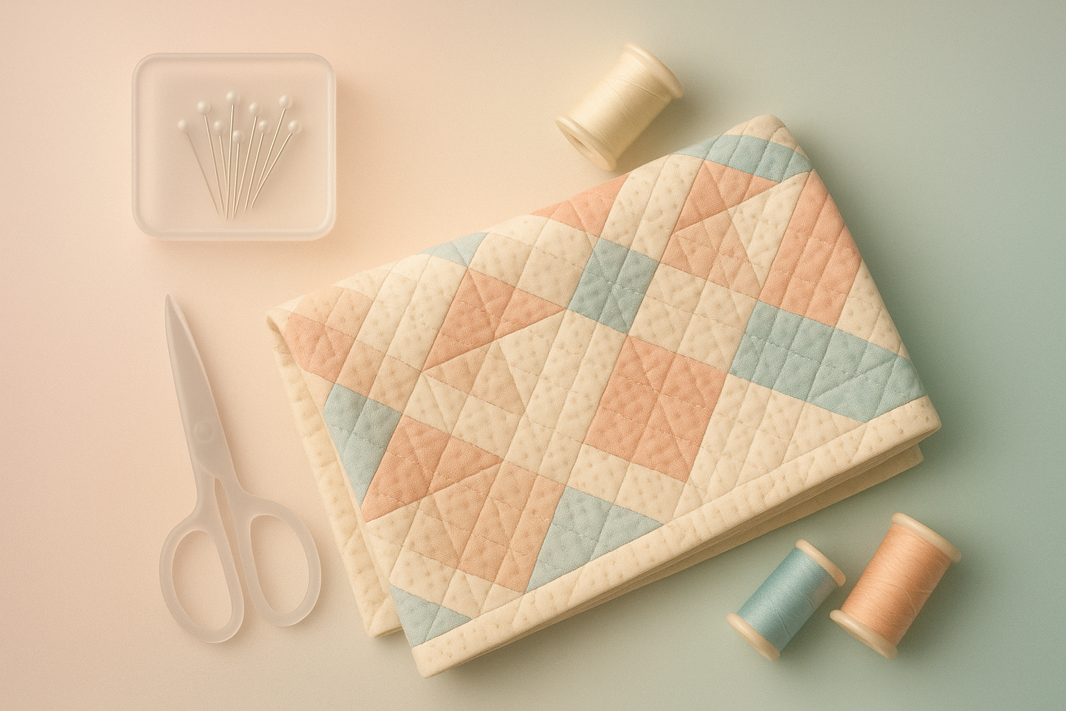 Elegant quilt with sewing supplies, representing a quilting management app.