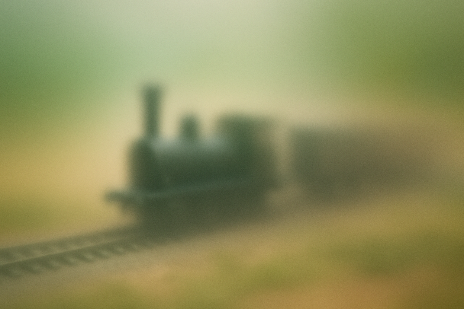Frosted-glass aesthetic depicting model railway tracks in soft gradients.