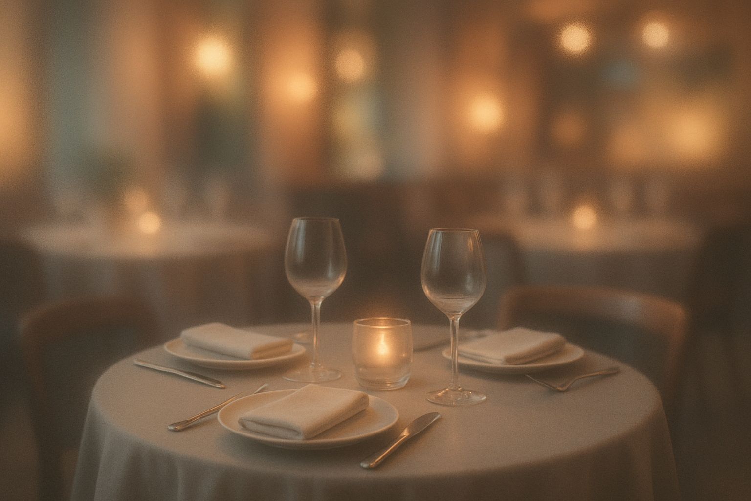 Elegant restaurant dining setup with soft lighting and refined tableware.
