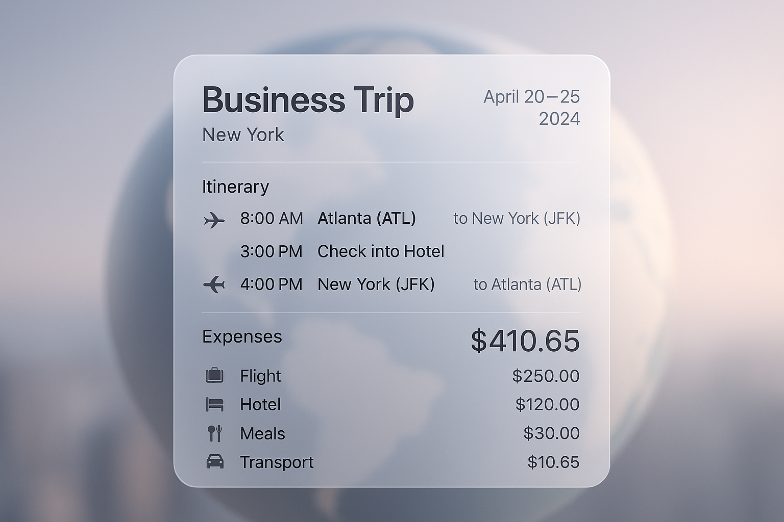 An abstract representation of travel management, featuring a globe and itinerary elements.