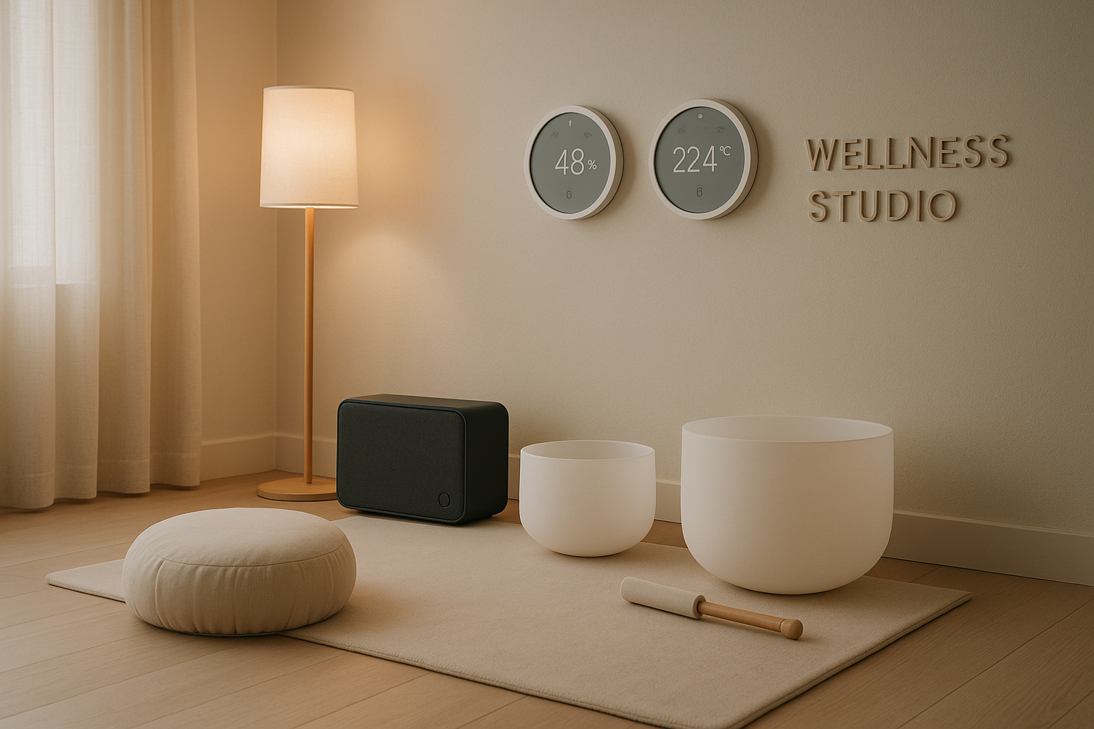 Wellness studio atmosphere with soothing colors and tech elements.
