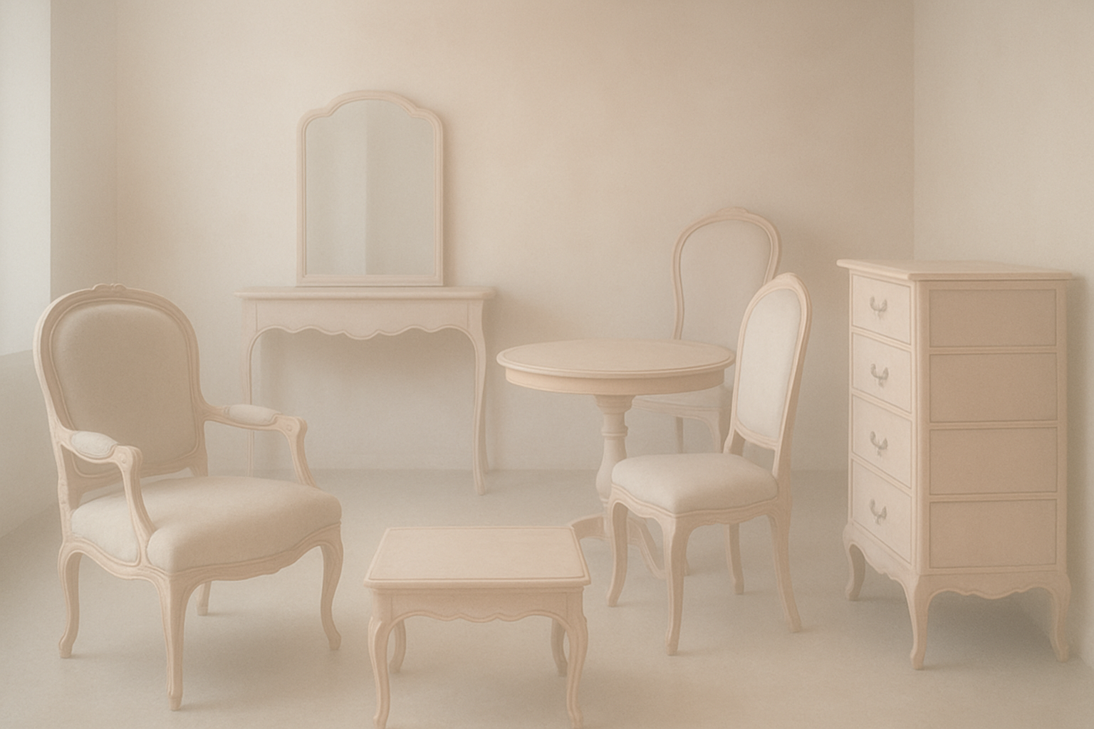 A frosted-glass aesthetic showroom with vintage furniture elements.