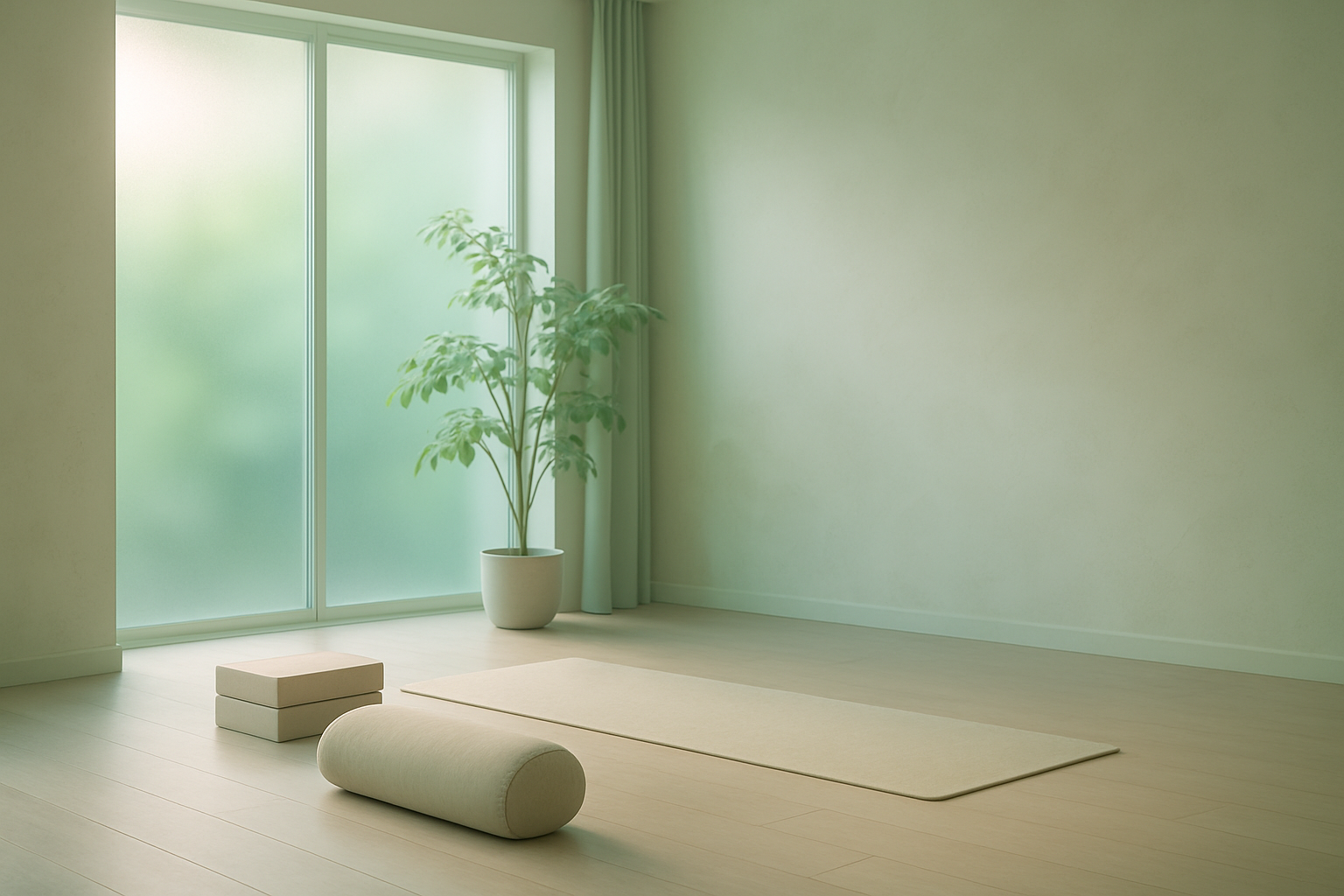 A serene yoga studio environment with soft lighting and pastel tones.