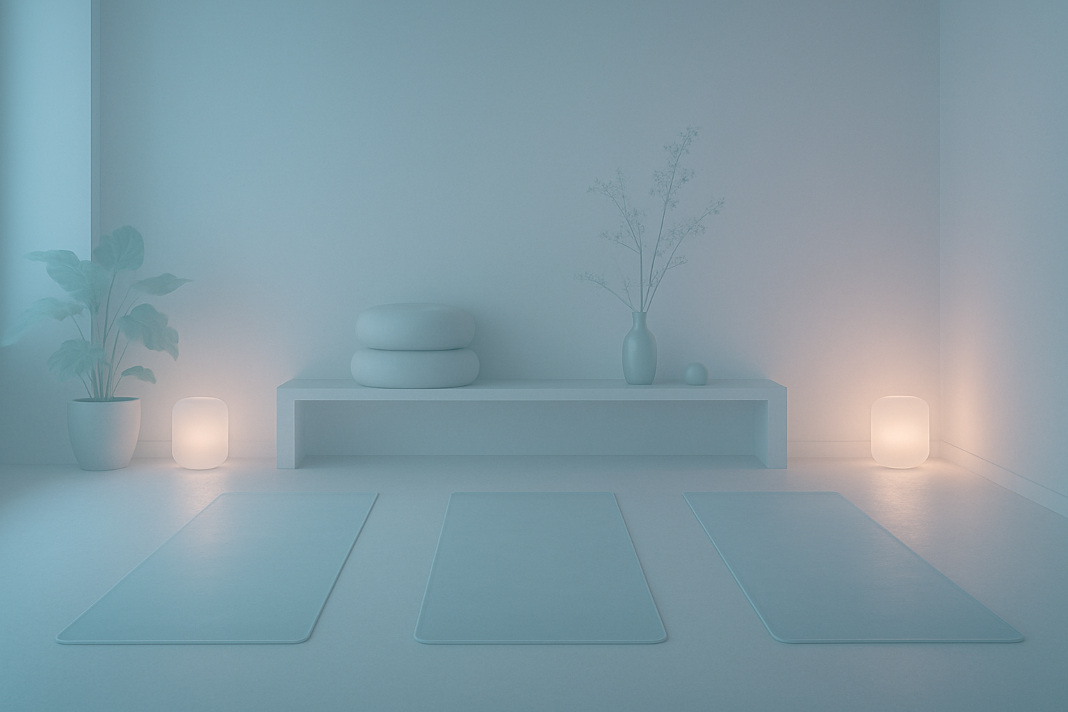A calm yoga studio ambiance with frosted glass aesthetics.