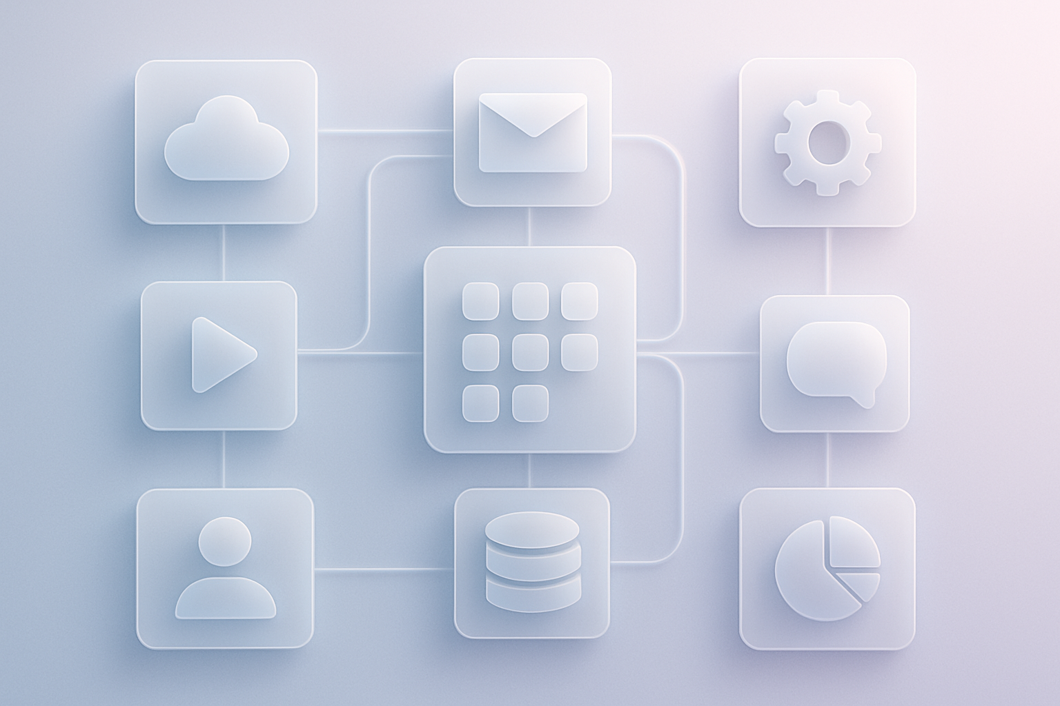 Illustration of interconnected business apps and systems in a modern design.