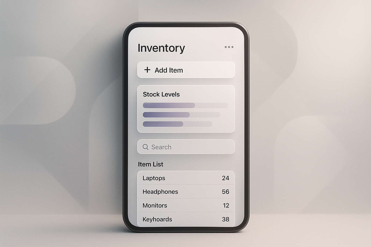 A modern inventory management app interface on a device, showcasing a refined aesthetic.