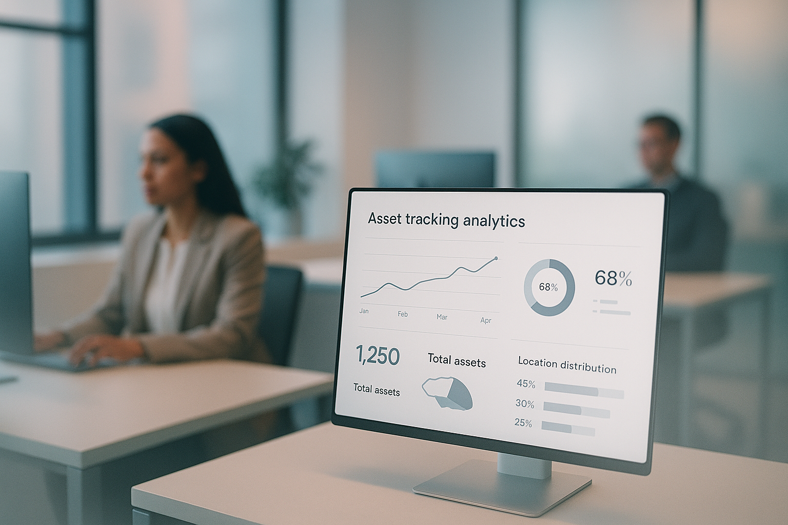 A digital screen displaying asset tracking analytics in a modern office.