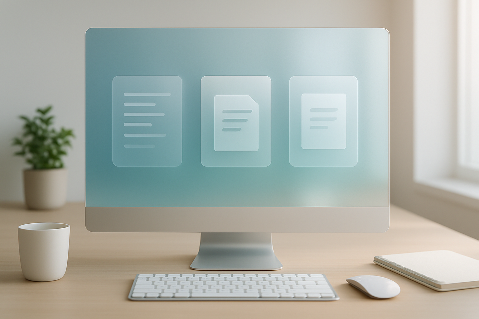 A minimal workspace showcasing a frosted-glass interface for document management.