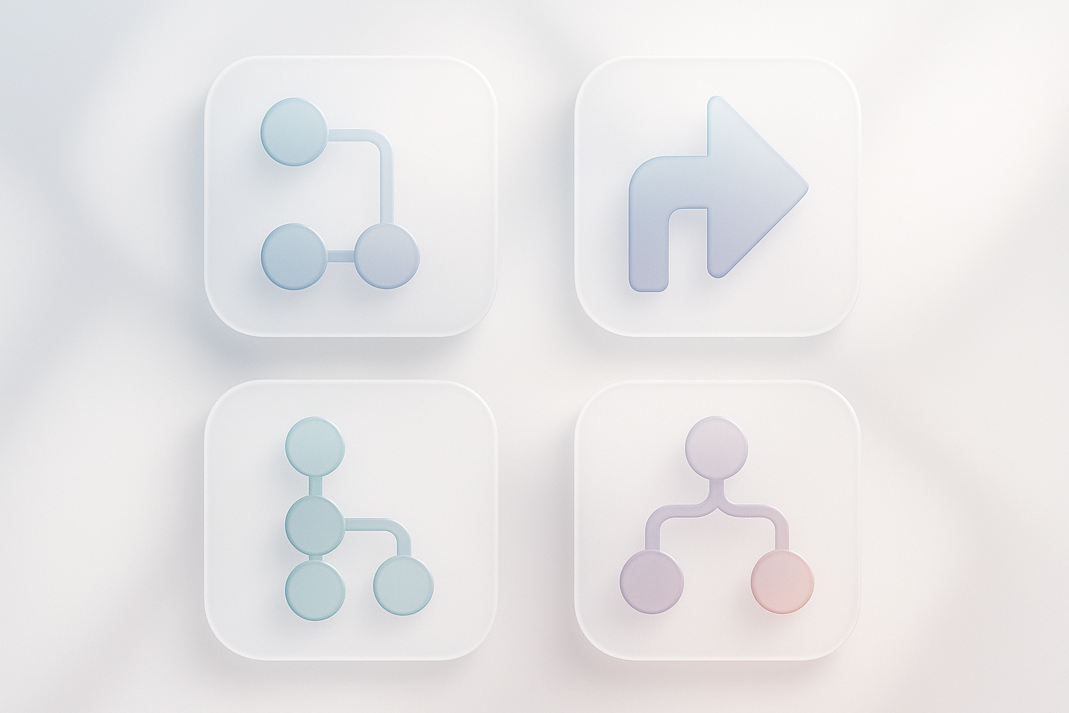 Abstract icons representing workflow automation tools on a frosted-glass background.