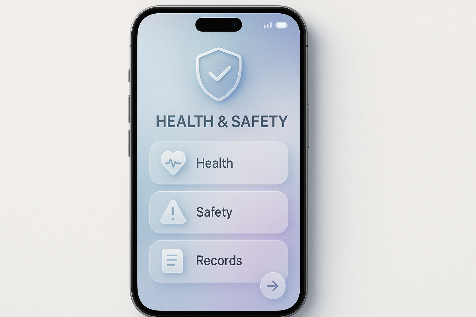Digital health and safety app interface on smartphone with soft gradients.