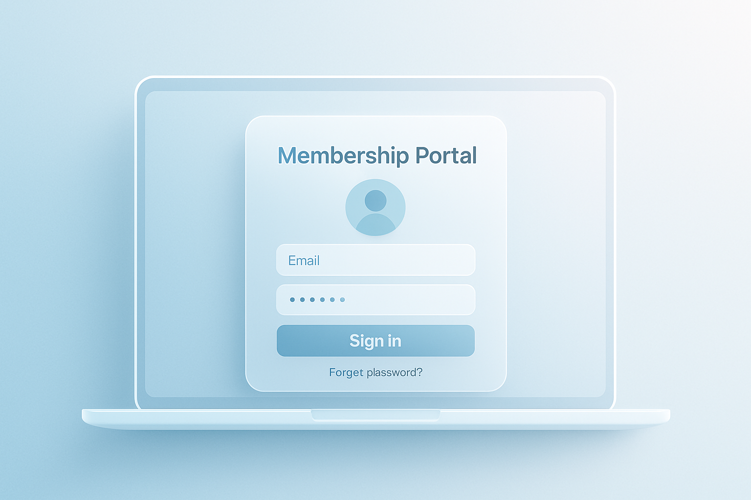 A modern laptop displaying a membership portal interface with soft gradients.