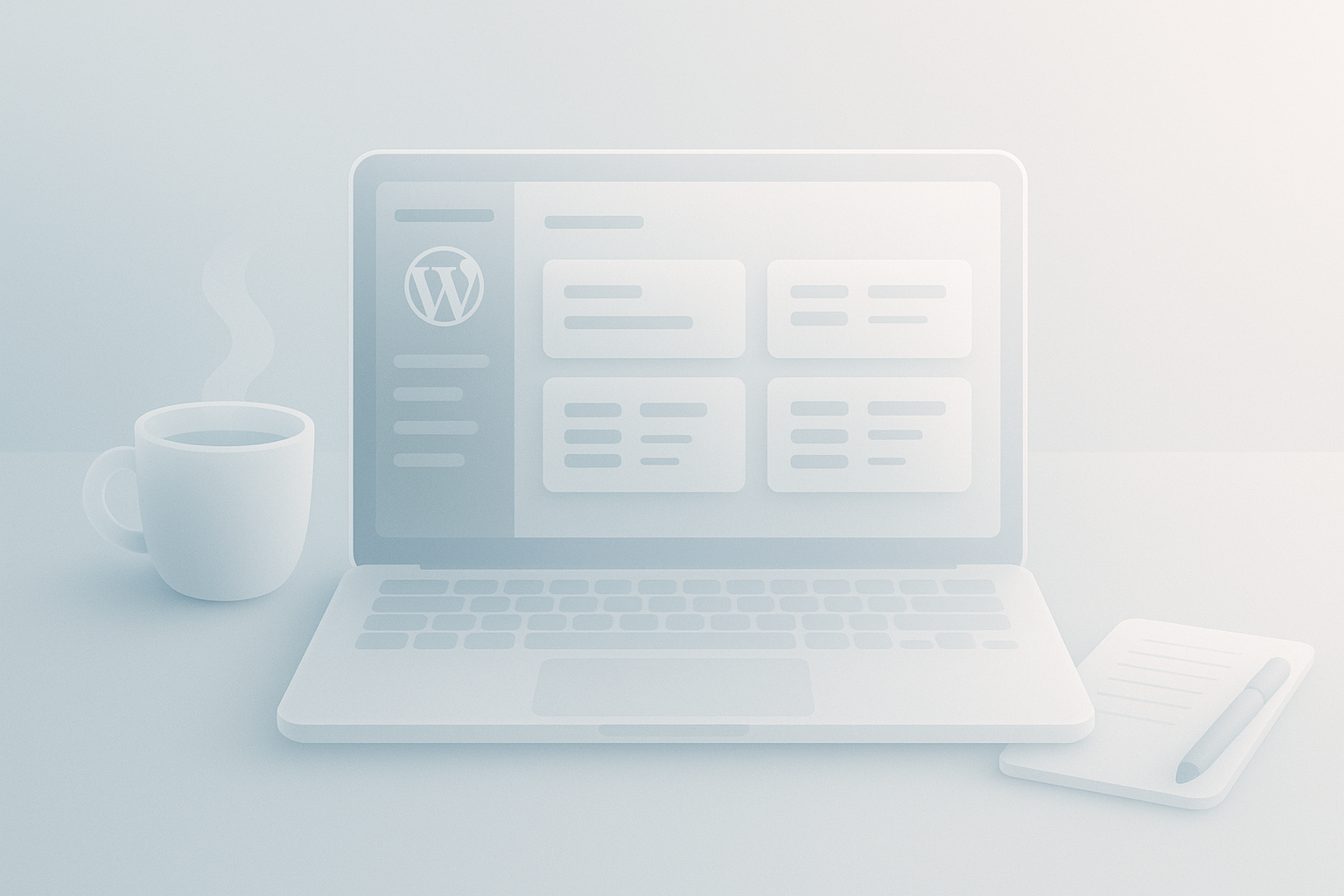 A serene workspace featuring a laptop, WordPress dashboard, and modern tools.