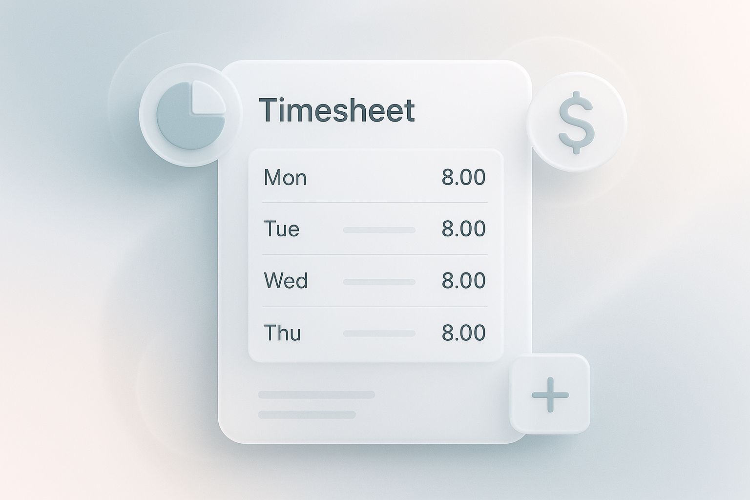 Visual representation of a timesheet app interface and financial elements.